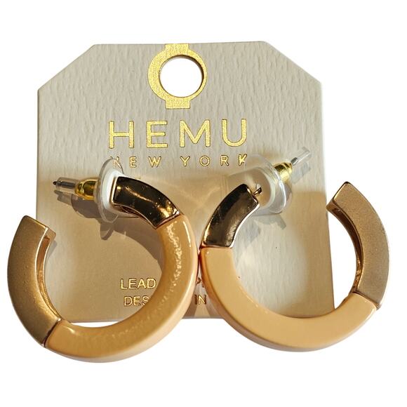 Hoop Earrings Yellow, Gold Tone Chunky Acrylic 1.19" HEMU New York w/ Gift Bag - Picture 7 of 8